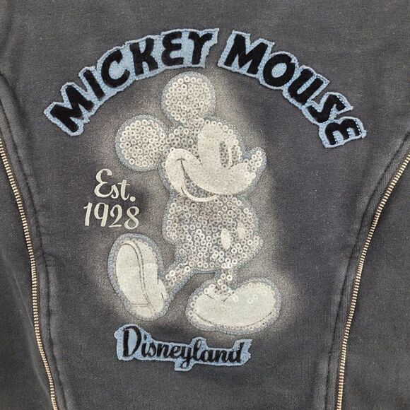 Disney Parks Disneyland Moto Jacket Sweatshirt M Black Sequined Mickey 3D Zip - Picture 10 of 17